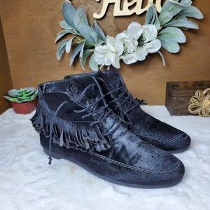 Jenni Kayne Moccasins Ponyhair Booties Lace Up Ankle Boots Black 37.5 Fringe